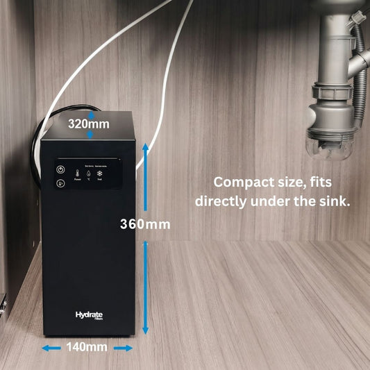 Compact water chiller under a sink with dimensions labeled