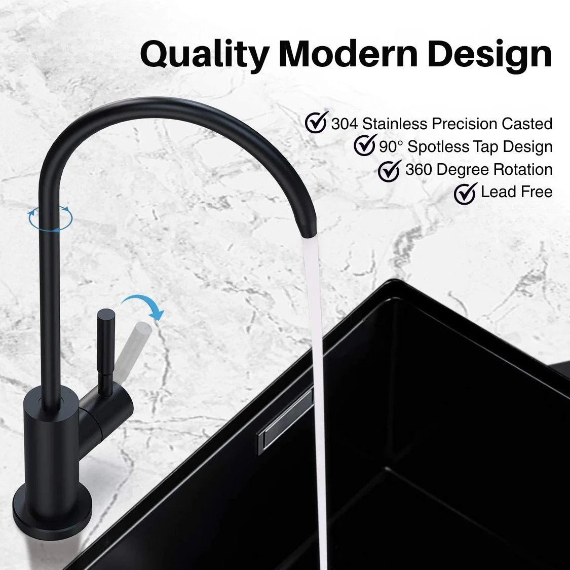 Black kitchen faucet with water flowing into a sink on a marble background, featuring text about quality and design.