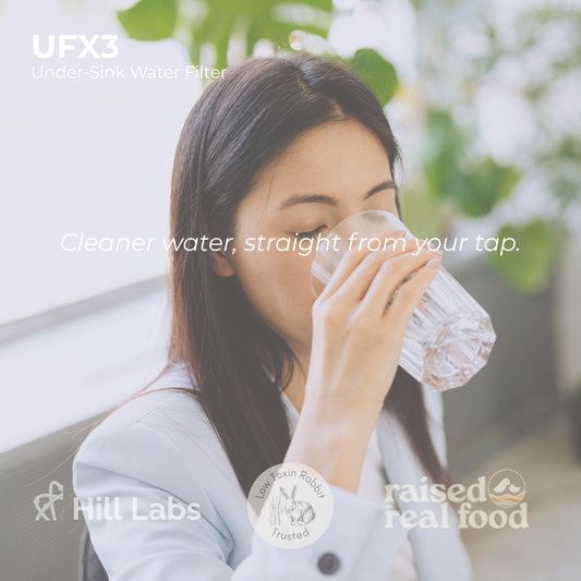 Woman drinking water with UFX3 water filter branding and text overlay.