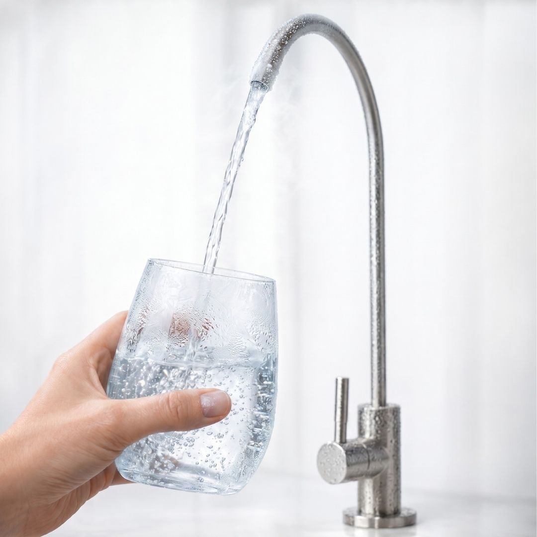 Hand holding a glass under a running faucet of chilled water on a white background