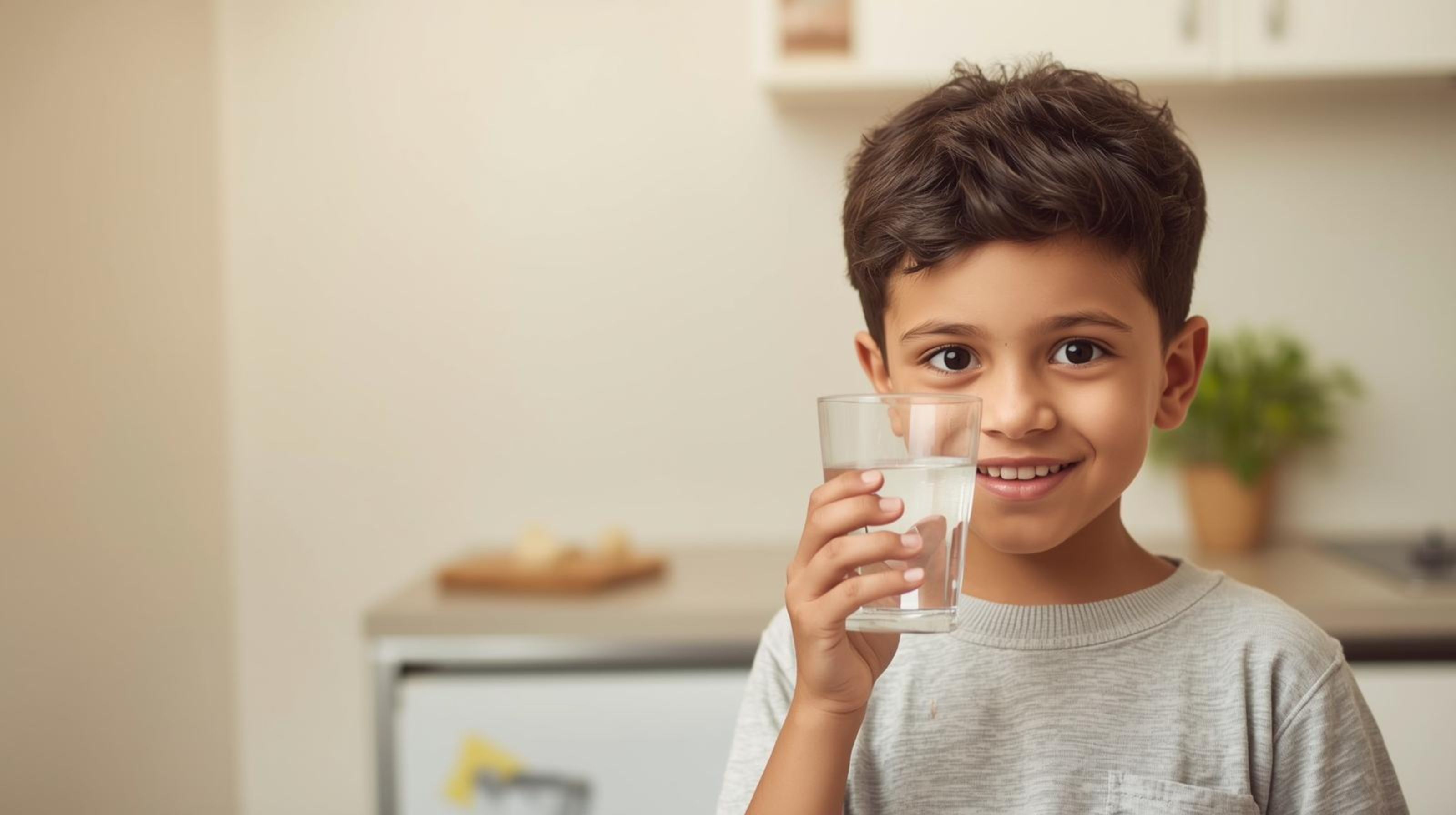 Child holding a glass of water in a kitchen setting