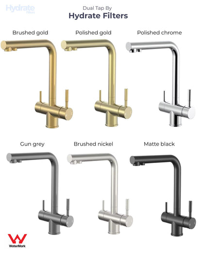 A product comparison graphic showing six dual tap kitchen faucet finishes labeled 'Brushed gold', 'Polished gold', 'Polished chrome', 'Gun grey', 'Brushed nickel', and 'Matte black', with Hydrate Filters branding and WaterMark logos on a white background.
