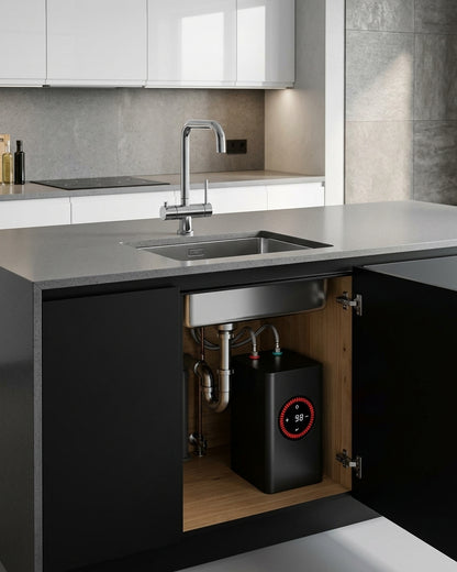 A black under-sink instant boiling system with a digital temperature display, shown installed inside an open kitchen cabinet beneath a sink with a chrome faucet.
