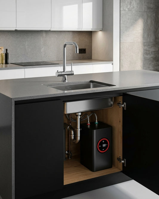 A black under-sink instant boiling system with a digital temperature display, shown installed inside an open kitchen cabinet beneath a sink with a chrome faucet.