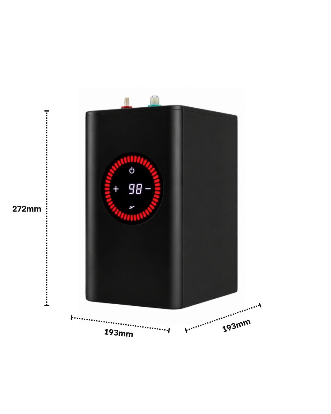 Instant boiling water system. Black box with a red display on the front and measurements on the outside