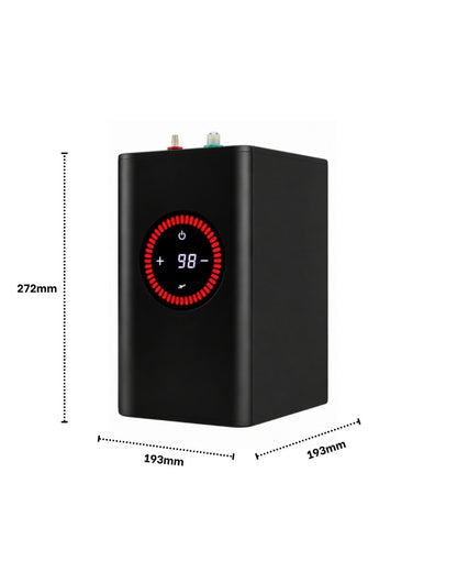Instant boiling water system. Black box with a red display on the front and measurements on the outside