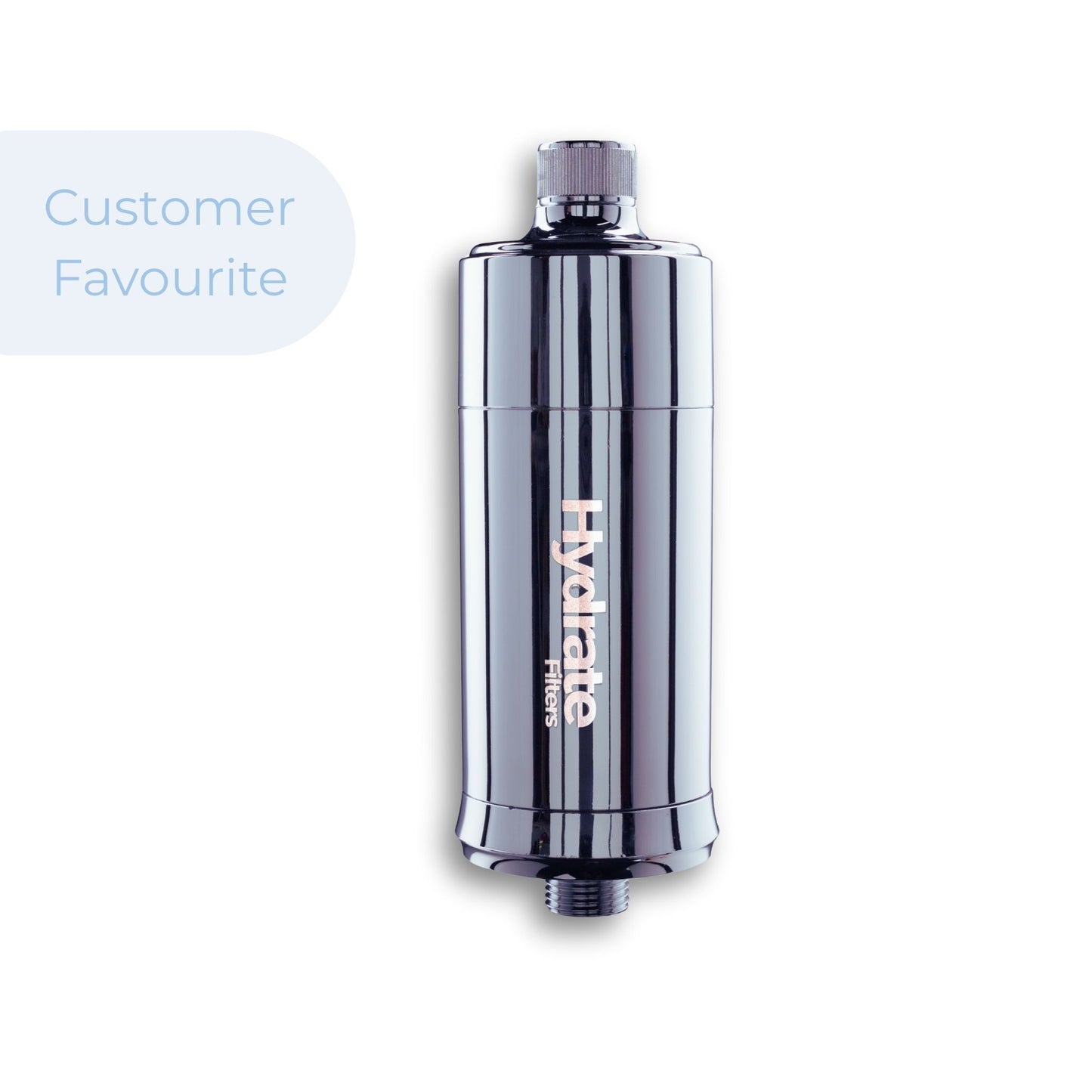 Chrome shower filter with hydrate filters logo