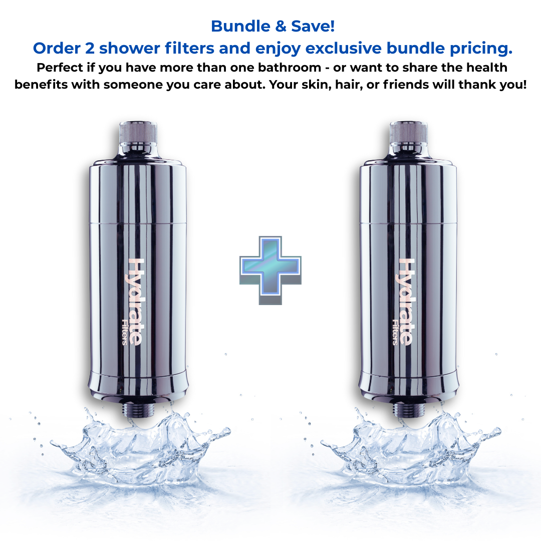 Two Hydrate shower filters with water splashes on a white background and promotional text.