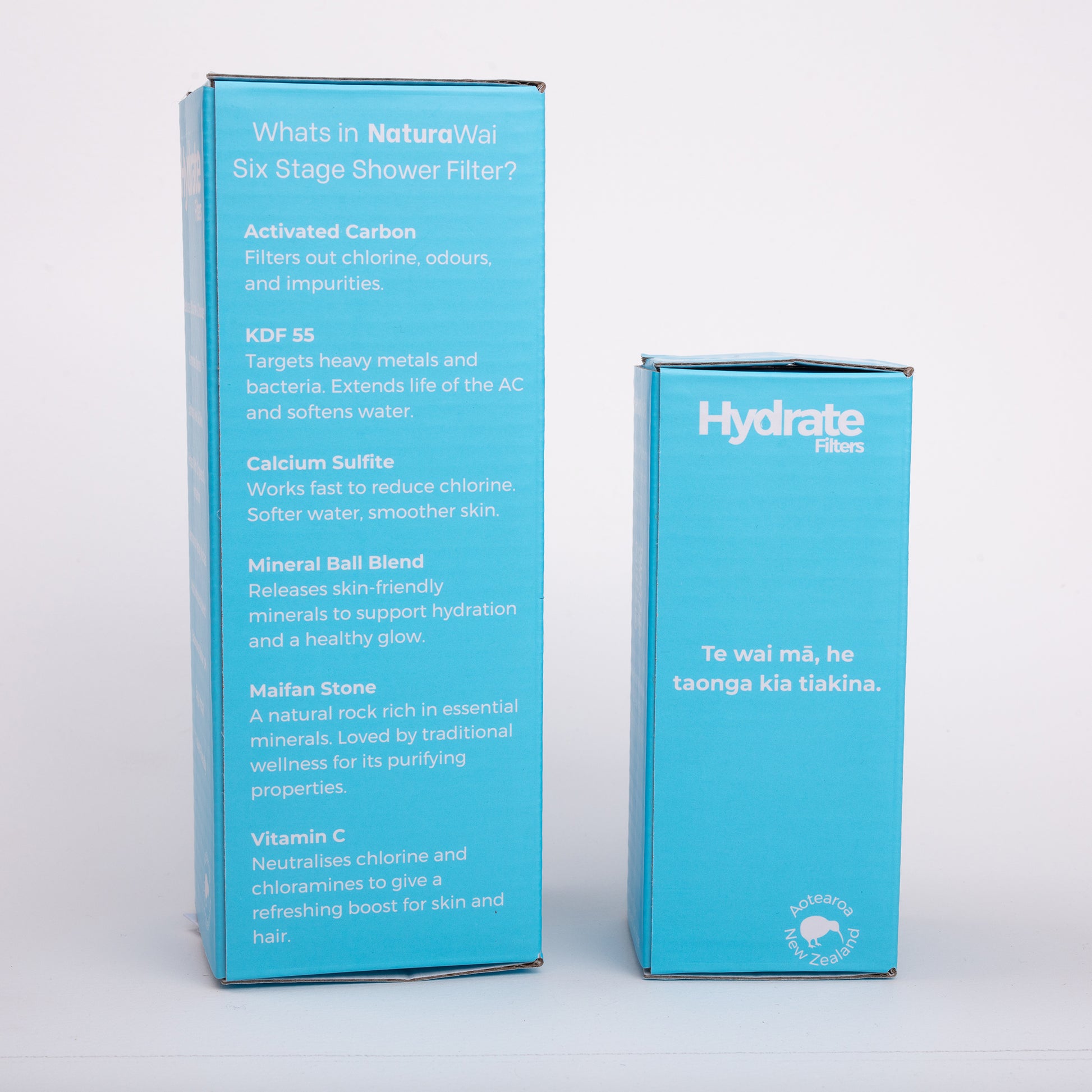 Two blue boxes with text on a light gray background. Shower filters