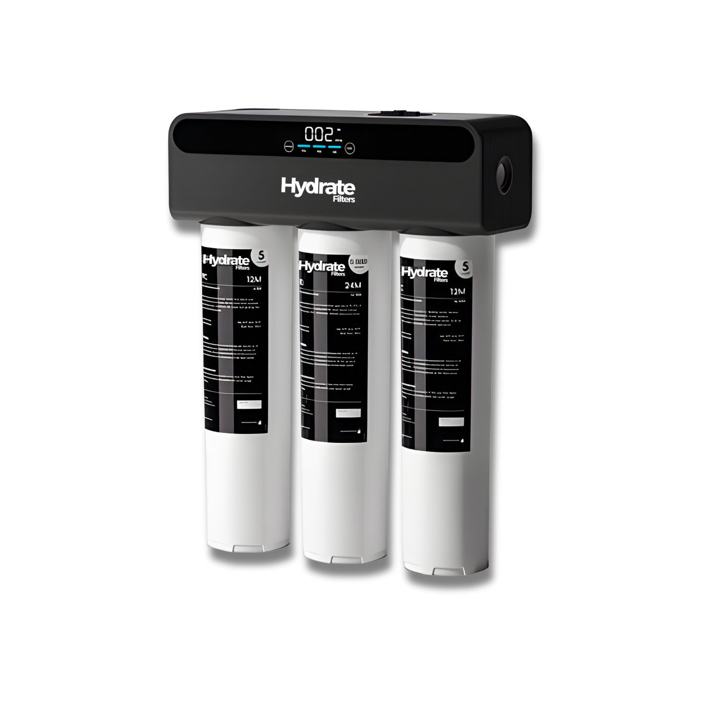 Hydrate Filters Reverse Osmosis water filter system with three cylindrical filters on a white background