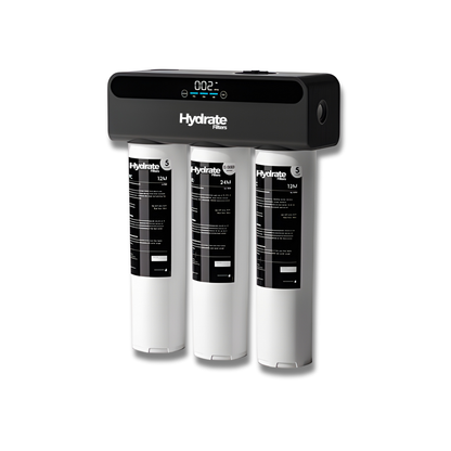 Hydrate Filters Reverse Osmosis water filter system with three cylindrical filters on a white background