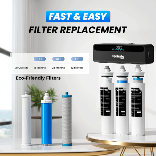 Hydrate water filtration system with filter replacement components on a white background