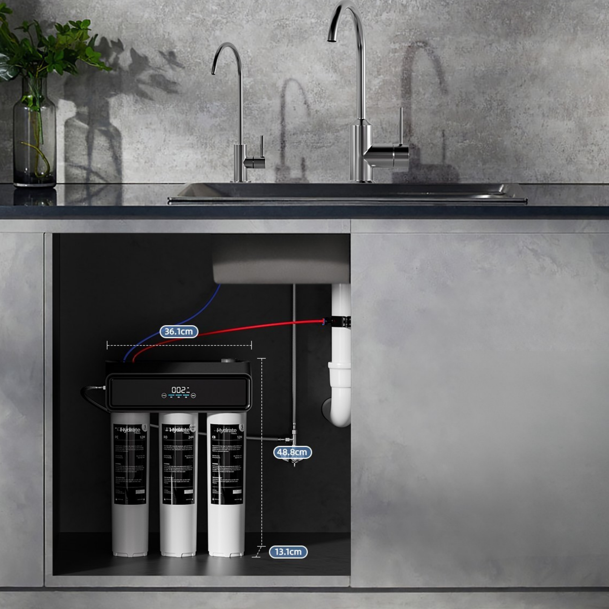 RO Under-sink water filtration system in a kitchen setting with measurements to show size.