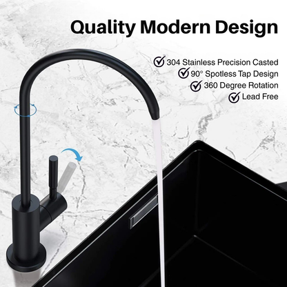 Black kitchen faucet with water flowing into a sink on a marble background, featuring text about quality and design.