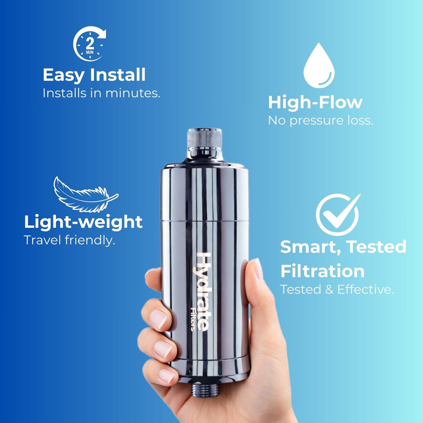 Hand holding a shower water filtration device with features listed on a blue background