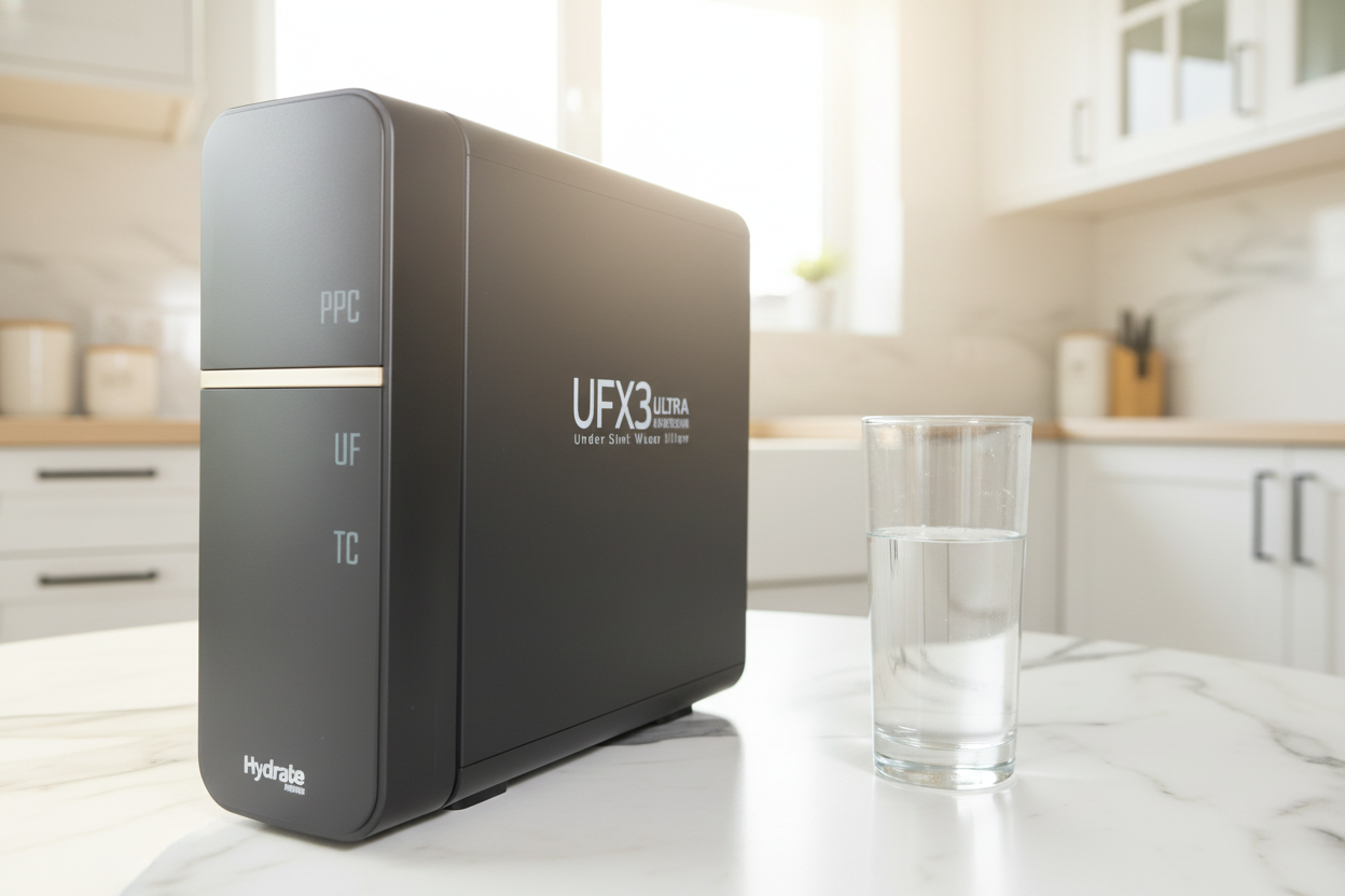 Black water filter with 'UFX3' branding on a wooden surface against a gray background