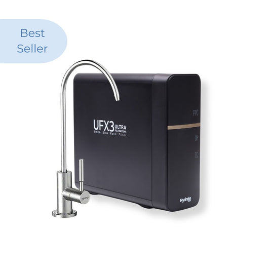 Black under sink water filter with silver faucet on a white background, labeled 'Best Seller'.