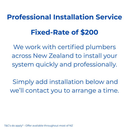 Advertisement for professional installation service with fixed-rate of $200, featuring text about certified plumbers in New Zealand.