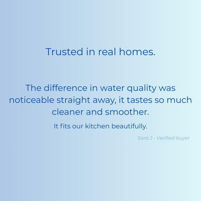 Blue background with text about water quality improvement and customer satisfaction.