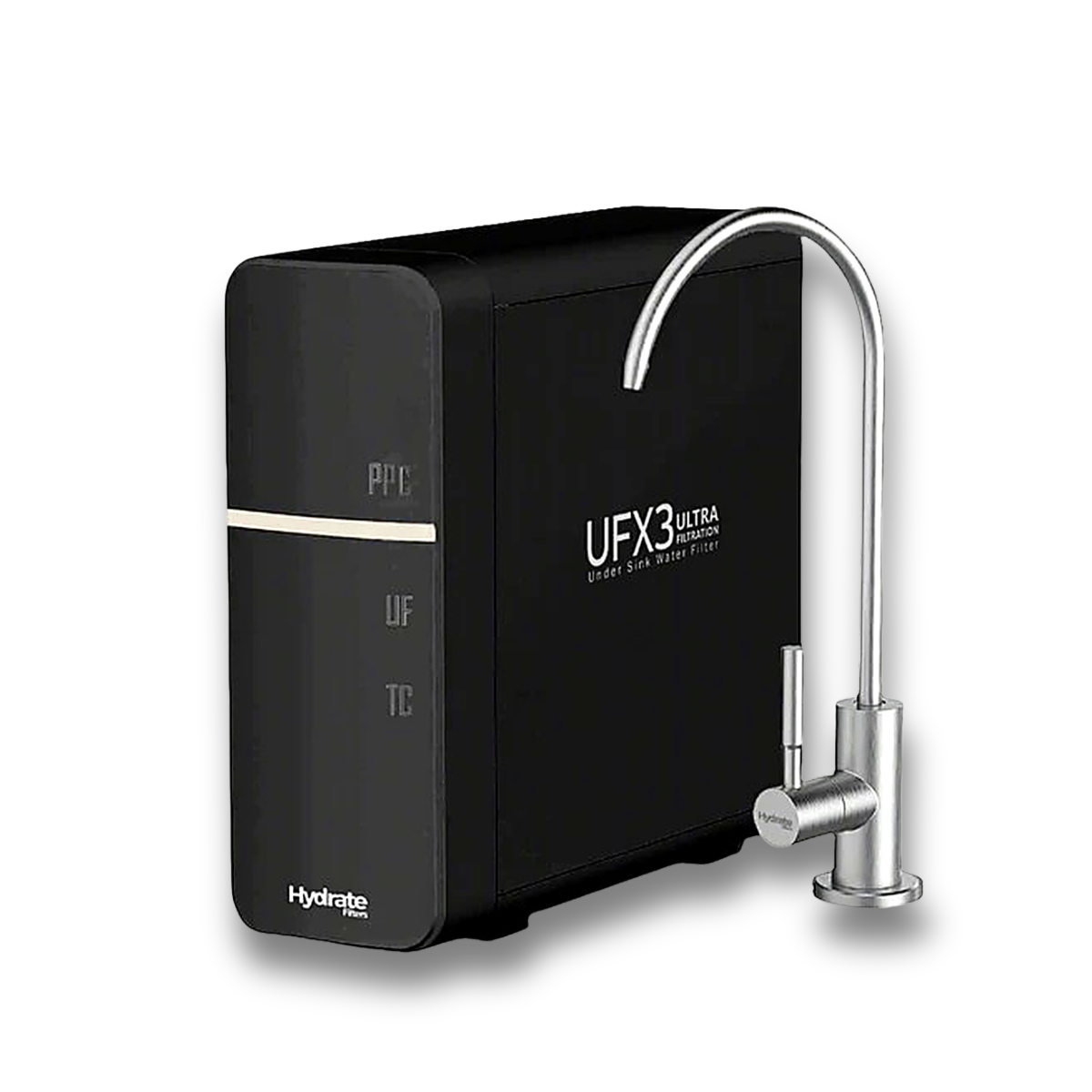 Black water filter with silver faucet on a white background