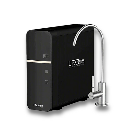 Black water filter with silver faucet on a white background
