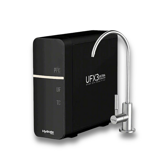 Black water filter with silver faucet on a white background