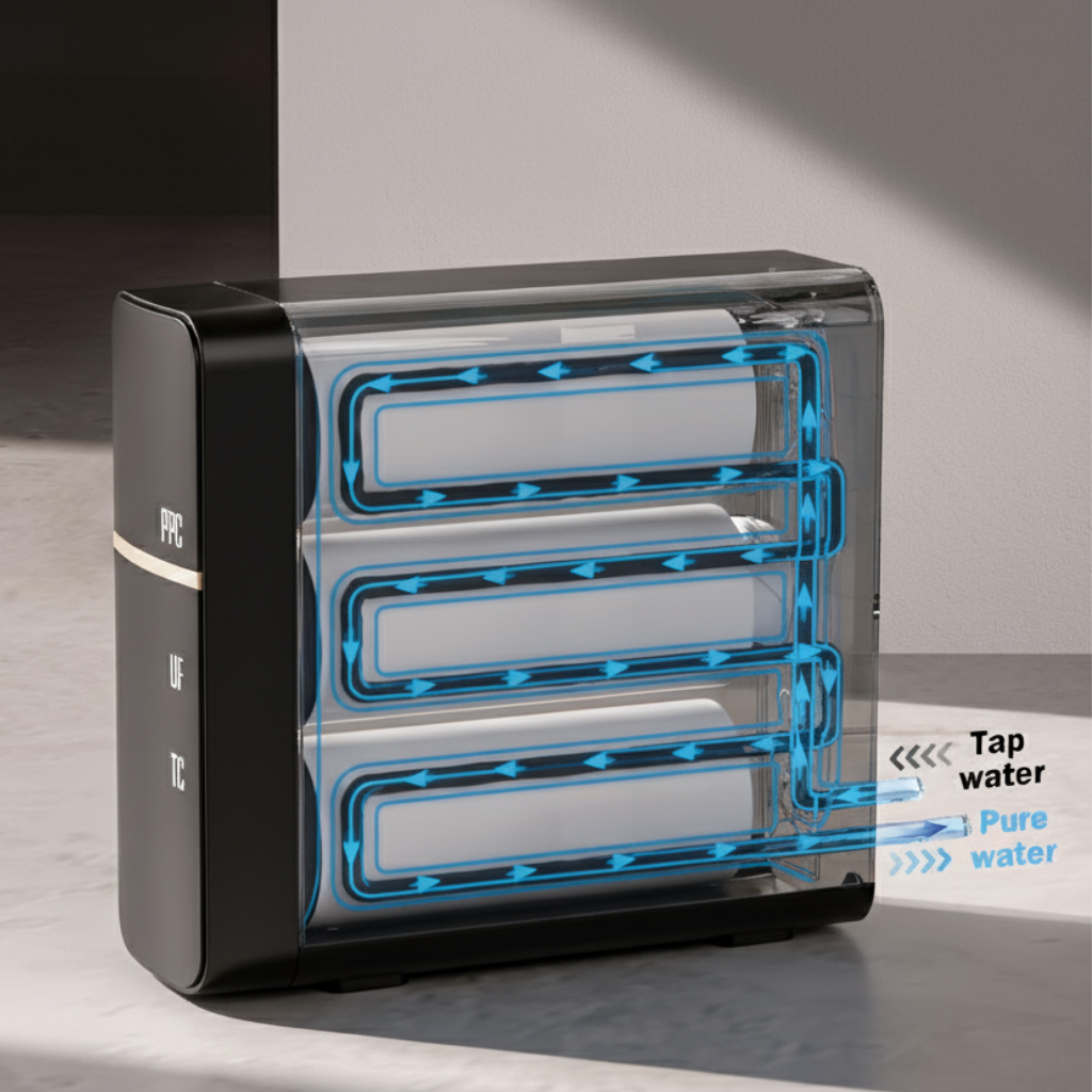 Water filtration system with labeled stages on a gray background
