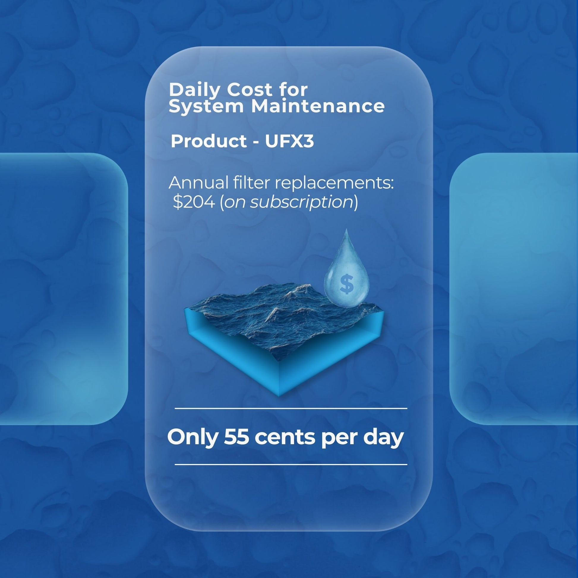 Blue graphic with text about system maintenance costs for UFX3 product on a blue background
