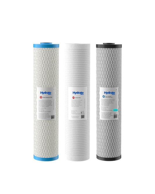 Three Hydrate brand filters on a white background