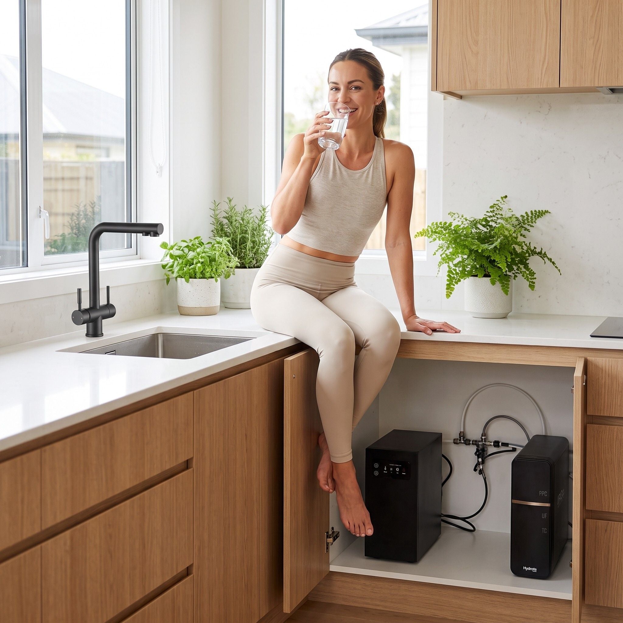 A woman in a beige athletic tank top and leggings sits on a kitchen counter, drinking from a glass. Under the cabinet below the sink, a black countertop water filtration system is installed in a light wood kitchen with plants and a window.