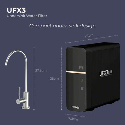 UFX3 undersink water filter with dimensions on a dark background